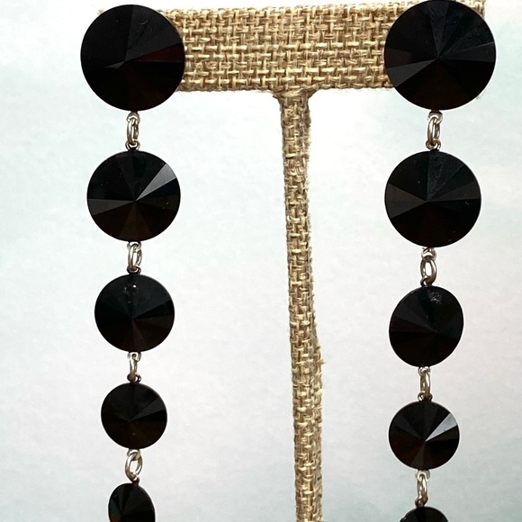 Earrings Drops Dangles Black Rivoli Rhinestone Artisan Handmade - Picture 2 of 10